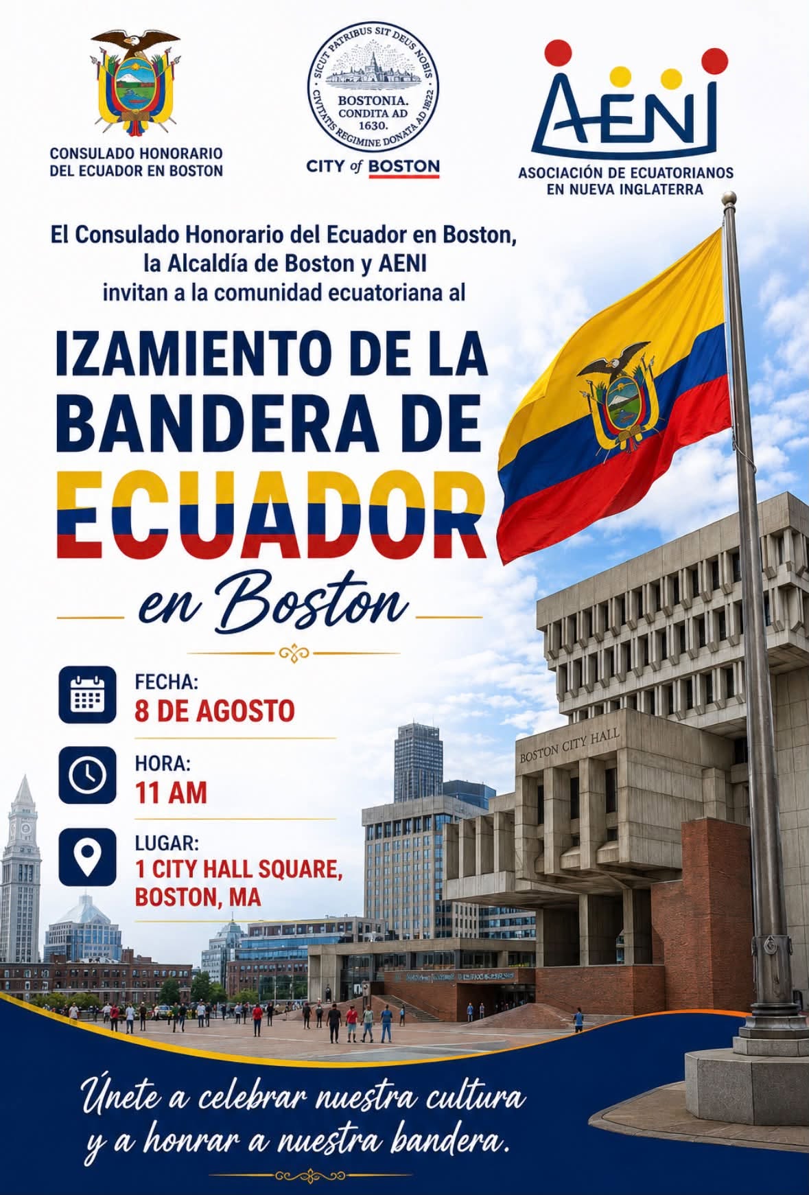 Izamiento de la Bandera de Ecuador en Boston — 8 de agosto, 11 AM, 1 City Hall Square, Boston, MA